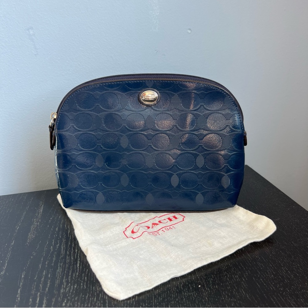 Coach Navy Signature Leather Cosmetic Pouch with Gold Accent